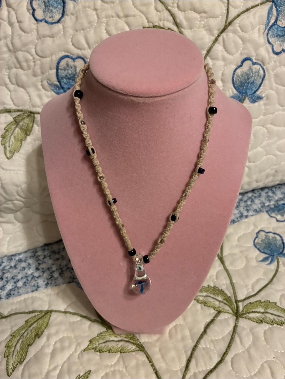 Beige Macrame Necklace W/ Blue Beads and Clear Glass Pendant W/ Mushroom Pendant